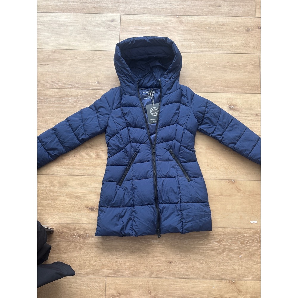 Bernardo Womens Navy Blue Hooded Puffer Coat Chevron Quilted Jacket size Small